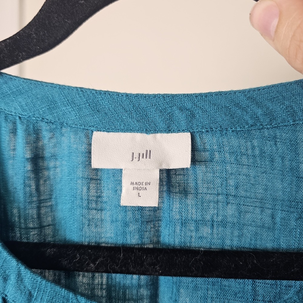 J. Jill Dress Large Teal Blue Linen Blend Tiered Pin Tuck Pleated Midi Boho - Picture 3 of 10